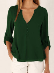 Chiffon Buttons V-Neck Irregular Hem Adjustable Sleeves Solid Causal Blouse