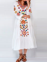 Ethnic V-neck Long Sleeve Floral Print Holiday Bohemian Pleated Women Midi Dress