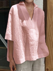 Women Casual Loose Pure Color 3/4 Sleeve V-Neck Blouse