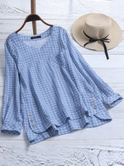Women Casual Plaid High Low Hem O-Neck Long Sleeve Pocket Blouse