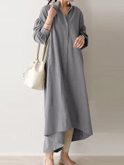 Casual Pure Color Cotton Puff Sleeve Drop Shoulder Loose Women Maxi Dress
