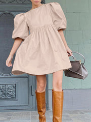 puff-sleeve-solid-european-casual-style-women-midi-dress