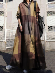 Women Plaid Turn-down Collar Long Sleeve Retro Button Shirt Dresses With Pocket