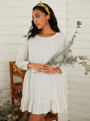 Stripe Round Neck Long Sleeve Casual Women Mini Dress