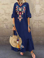 Bohemian Floral Print V-neck Flare Half Sleeve Beach Women Maxi Dress