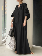 Puff Sleeve Stand Collar Pure Color Swing Shirt Casual Pocket Women Maxi Dress