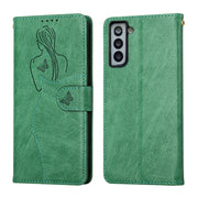 For Samsung Galaxy S21+ 5G Beauty Girl Embossing Pattern Horizontal Flip Leather Case with Holder