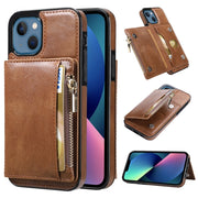 For iPhone 13 Zipper Wallet Bag PU Back Cover Shockrpoof Phone Case with Holder  Card Slots
