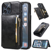 For iPhone 12 Zipper Wallet Bag PU Back Cover Shockrpoof Phone Case with Holder Card Slots