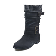 Women Mid Calf Boots Knitted Winter Buckle Strap PU Chunky Heels Woman Slip On Retro Boots Ladies