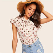 Layered Ruffle Sleeve Tie-neck Floral Print Blouse Women Stand Collar Cap Sleeve Tops and Blouses-Women Clothing-Come4Buy eShop