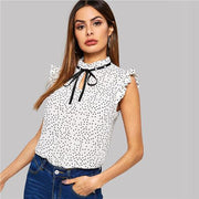 White Polka Dot Ruffle Sleeveless Pearls Bow Stand Collar Blouse Women Summer Elegant Weekend Casual Tops and Blouses-Women Clothing-Come4Buy eShop
