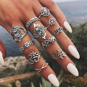 11 pcs/set Elephant flower leaves cross exaggerated Bohemian retro gem silver ring set women Wedding Party Jewelry Accessories-Rings-Come4Buy eShop