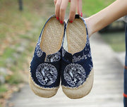 Women Linen Slippers Chinese Vintage Soft Flats Toe Cotton Canvas Fabric Shoes Woman Plus Size 44