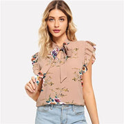 Mustard Elegant Office Lady Flounce Shoulder Tied Neck Floral Solid Ruffle Blouse Summer Women Chiffon Tops and Blouses-Women Clothing-Come4Buy eShop