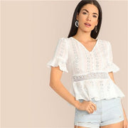 Summer Flounce Sleeve V-Neck Peplum Elegant Top Blouses Boho White Button Front Ruffle Detail Schiffy Lace Blouse Women-Women Clothing-Come4Buy eShop