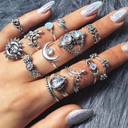 14 Pcs/set Drop Tarot Symbol Irregular Joint Ring Punk Charm Silver Ring Set Women Vintage Crystal Moon Flower Leaves Water-Rings-Come4Buy eShop