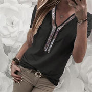 Summer Casual Tops Tees Plus Size T-shirts For Women S-5XL Patchwork V-neck Sequined Short Sleeve T shirt Women Tshirt-Women Clothing-Come4Buy eShop