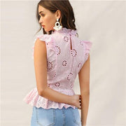 Summer Stand Collar Slim Fitted Boho Blouses Pink Ruffle Trim Lace Eyelet Embroidered Peplum Top Sleeveless Blouse Women-Women Clothing-Come4Buy eShop
