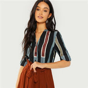 Multicolor Cotton V Cut Neck Striped Shirt Casual Roll Up Sleeve Button Placket Blouse Women Autumn Elegant Workwear Tops-Women Clothing-Come4Buy eShop