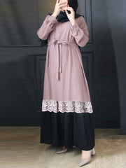 contrast-color-patchwork-round-neck-casual-puff-sleeve-women