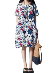 Vintage Loose Printing Short Sleeve Elegant Women Maxi Dress