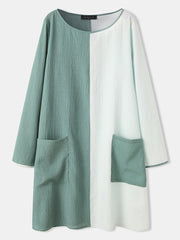 Contrast Color O-neck Long Sleeve Casual Pocket Women Midi Dress