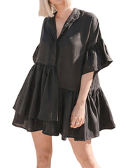 Women Pleated Loose Button Down Half Sleeve Irregular Dress
