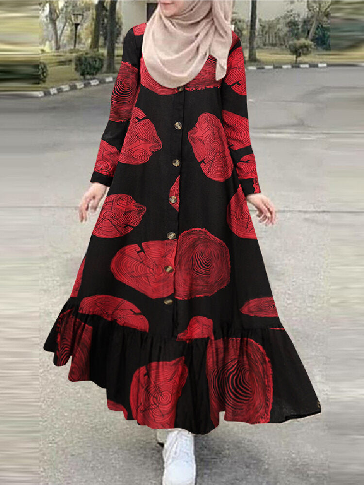 Cotton Tree Stump Print Ruffle Hem Long Sleeve Muslim Women Maxi Dress –  Come4Buy eShop