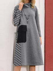 patchwork-polka-dot-print-drop-shoulder-turtleneck-casual
