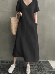 Women Cotton Short Sleeve V-neck Side Pocket Solid Midi Dress