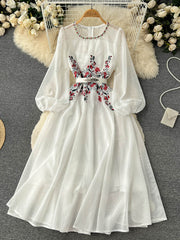 Beige Beading Embroidered Long Dress For Women