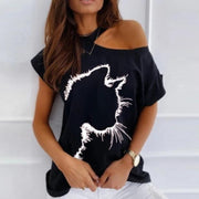 Cat Print Off Shoulder Short Sleeve Tee