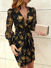 Leopard Twist V-neck Elegant Long Sleeve Women Midi Dress