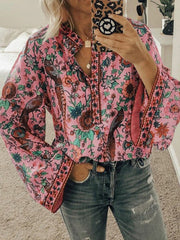 Ethnic Floral Print V Neck Long Sleeved Bohemian Shirts For Women