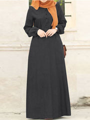 Women Solid Denim Button Down Elastic Cuffs Kaftan Loose Maxi Dresses