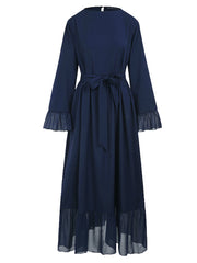 Casual Pure Color Flare Sleeve Lace-up Chiffon Loose Muslim Women Maxi Dress