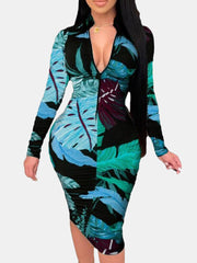 Plant Leaves Print Long Sleeve Zipper Elegant Women Midi Dress