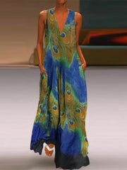 Women Sleeveless Peacock Print Bohemia Beach Long Maxi Dress
