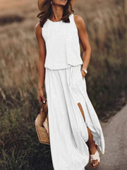 Casual Crewneck Sleeveless Slit Solid Color Dress