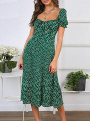 Floral Print Square Neck Short Sleeve Casual Women Midi Dress
