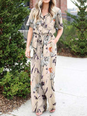 Vintage Floral Print Jumpsuits For Women Casual Lapel Neck Rompers