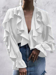 Women Ruffled Blouses Stylish Tops Sexy V Neck
