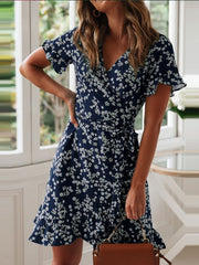 Holiday Floral Print V-neck Ruffle Summer Short Sleeve Casual Dress