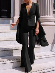 Fashion Ruffles Sleeve Pants Suits Blazer Two Piece Set
