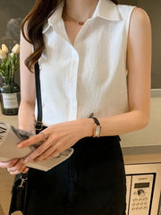 Women Shirt Summer Solid Color Sleeveless Chiffon Crepe Blouse