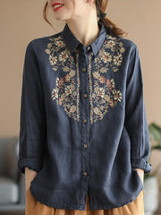 Casual Ethnic Floral Cotton Linen Blouses For Women Clothes