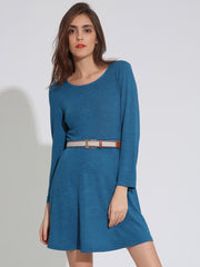 Casual Women Long Sleeve O-Neck Pure Color Mini Dresses