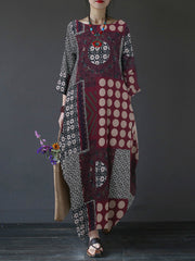 Vintage Women Printed Side Pockets 3/4 Sleeve Dress