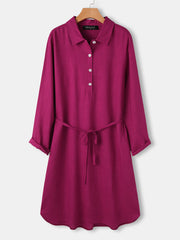 Pure Color Belted Half Button Long Sleeve Elegant Women Midi Dress